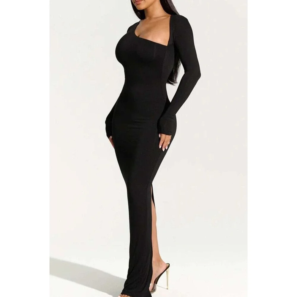 Micas‎ Asymmetrical Neck Slit Maxi Dress Black size L